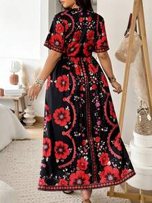 Vionelle Plus Size Women's New Elegant Spring/Summer Vacation Dress, Cardigan With Tie Belt, Digital Floral Print Maxi Dress, Loose Flowy Casual Short Sleeve Dress, Suitable For Outerwear, Vacation, Travel, Bohemian Style Elegant Plus Size Red Floral Print Long Boho Wrap Dress With V Neck Short Batwing Sleeves For Women, - Red - View 3