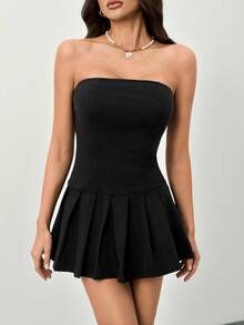 SHEIN Tall Vestido liso con pliegues sin tirantes, sencillo, para primavera y verano - Negro - Ver 3