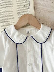 SHEIN Set de 2 piezas Ropa de niño bebé primavera/verano fresca y linda con rayas verdes, incluye camisa de manga corta con cuello y pantalones cortos verdes, adecuado para eventos elegantes, invitado de boda, paje, portador de anillos, boda, cumpleaños, bautizo y baby shower - Azul - Ver 6