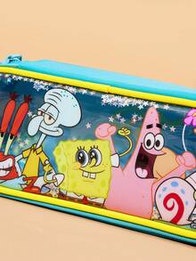 SpongeBob SquarePants | SHEIN 1-Piece Sequin Decorative Transparent Cover Cartoon Pattern Printed Flip Pencil Bag, Stationery Storage Bag, Cosmetic Storage Bag, Digital Storage Bag, Small Item Storage Bag, Suitable For Study, Work, Travel, Daily Use, Ideal Choice For Students And Women - S PONGEBOB - View 3