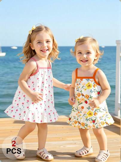 2件套春夏女婴休闲时尚创意个性清新简约可爱粉色花朵、橙色、绿色叶子、蝴蝶、草莓印花无袖荷叶边连衣裙舒适日常穿搭，温暖夏日风格，适合女婴