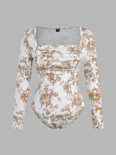 Sweetra Plus Size Diamond Square Neck Foldable Long Sleeve Ribbed Print Bodysuit