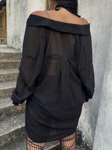 Whyspr 大码女式纯色吊带单排扣休闲百搭日常衬衫 - 黑色 - 查看 2