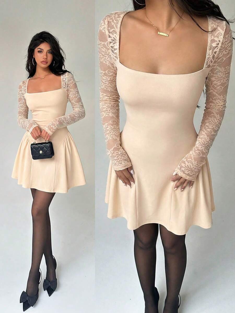 Aloruh Women's Square Neck Lace Patchwork Waist Ruched Flared Mini Dress - Apricot - View 1
