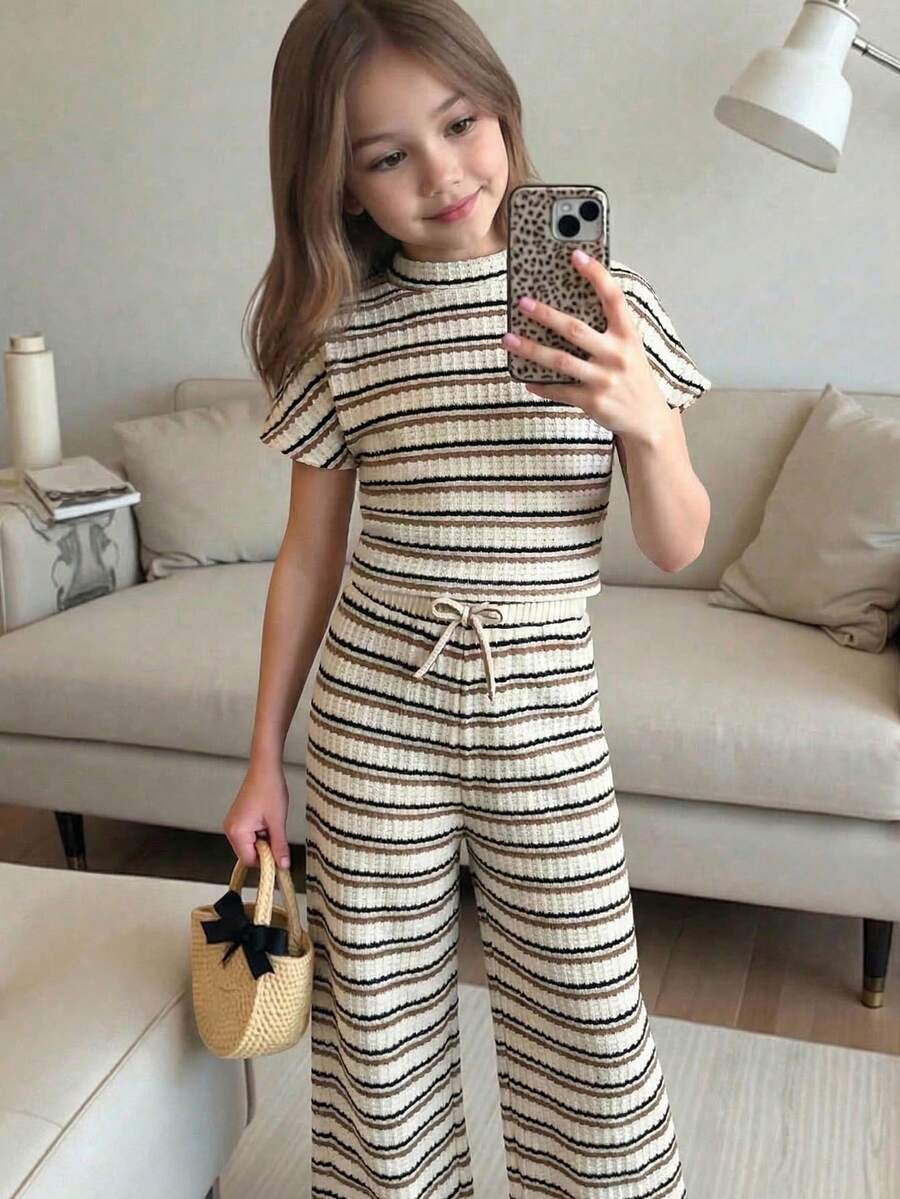 SHEIN 女童条纹短袖T恤和阔腿裤套装 - 杏色 - 查看 1