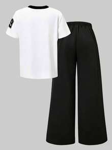 Sparklyn Set de 2 piezas de top de manga corta con cuello en V con estampado numérico y pantalones deportivos de pierna ancha para niñas, primavera/verano - Blanco y Negro - Ver 5