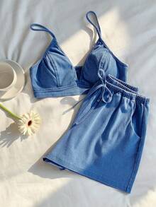 Conjunto de top corto de camiseta y shorts vaqueros para mujer - Azul lavado medio - Ver 5