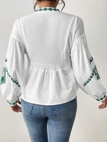 EMERY ROSE Women's Shirred Graphic Print Long Sleeve Button Shirt Peplum Top - Green - View 2
