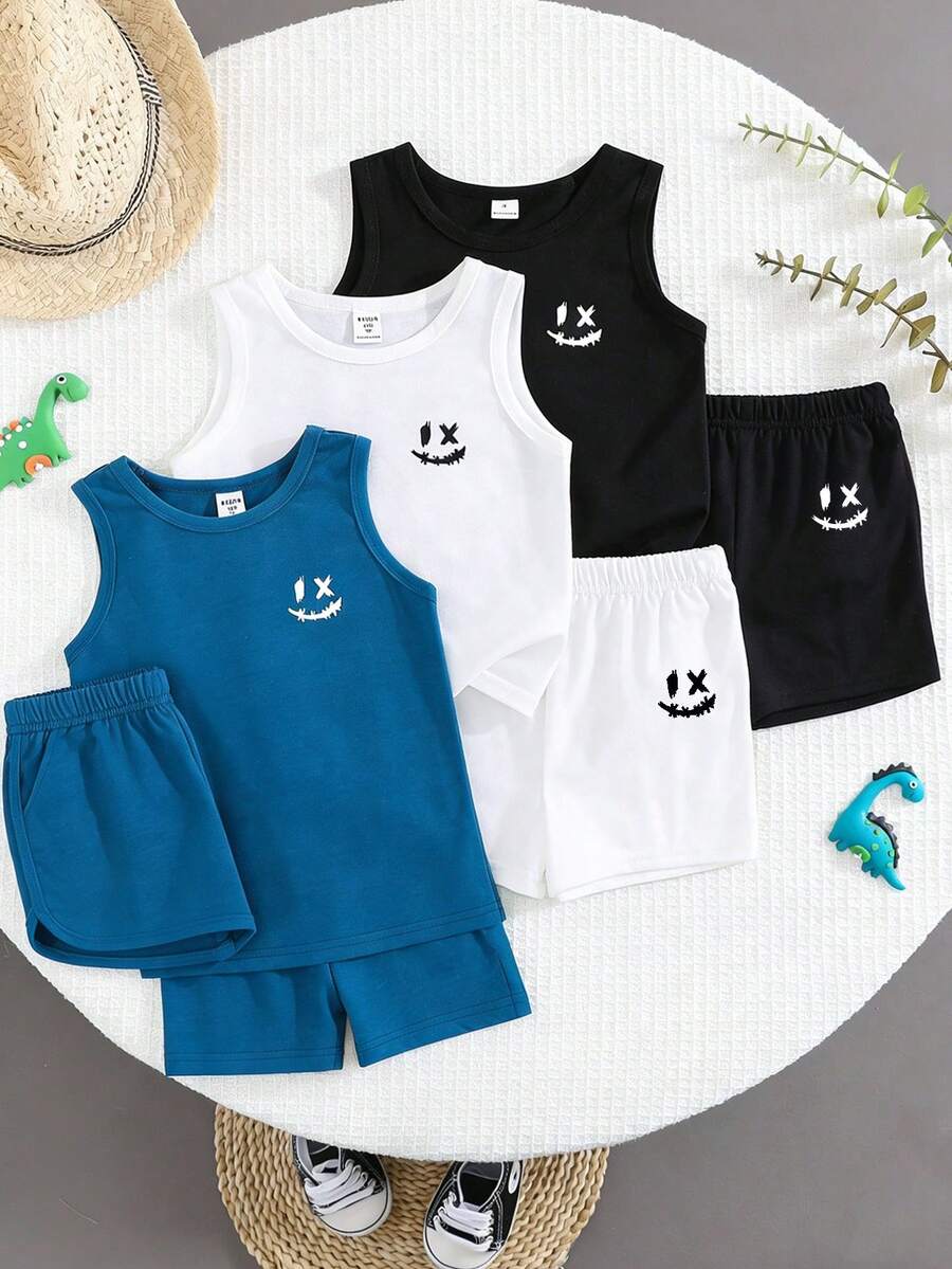 SHEIN 3pcs Young Boys Casual, Comfortable, Versatile, Sporty Cartoon Smiling Face Print Short-Sleeved Tank Top, Three-Color Set, Buy Two Get One Free, Great Value! Suitable For Everyday Casual Wear, Sports, School, Or Lounging At Home. Can Be Worn As An Inner Or Outer Layer, Perfect For Spring And Summer. Toddler Summer Set Toddler Casual Set Boy Two Piece Short Sets Boy Summer Sets