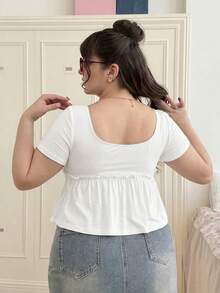 CovetEZ Áo thun nữ cỡ lớn tay ngắn cổ vuông màu đen, kiểu dáng thường ngày, thích hợp cho mùa hè. - trắng - Xem 2