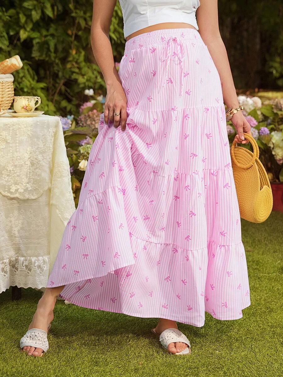 SHEIN Maternity Striped Bow Print Pleated Casual Versatile Daily Wear Skirt - Pink - View 1
