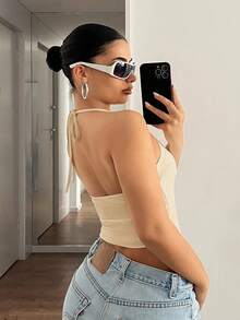 SHEIN ICON Blus Kasual Wanita Warna Polos dengan Tali Pinggang, Atasan Musim Panas - Aprikot - View 2
