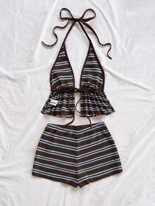 Soleia Bộ đồ 2 món dành cho nữ: áo tank top cổ yếm viền bèo nhún và quần short. - Cà phê nâu - Xem 2
