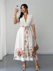 Elenzga Vestido corto/largo elegante y romántico con estampado floral, cuello en V y mangas abullonadas de gasa para mujer talla grande, primavera/verano - Multicolor - Ver 1