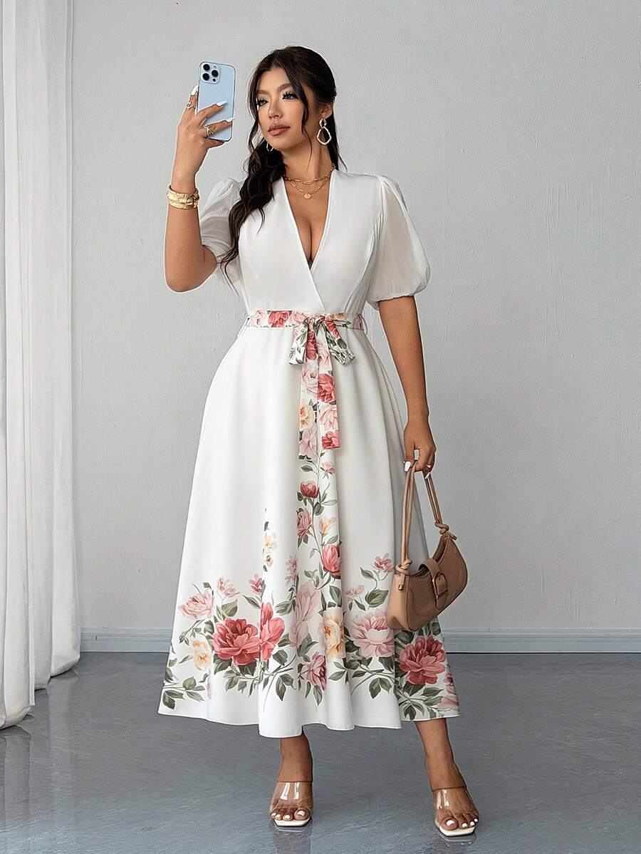 Elenzga Vestido corto/largo elegante y romántico con estampado floral, cuello en V y mangas abullonadas de gasa para mujer talla grande, primavera/verano - Multicolor - Ver 1