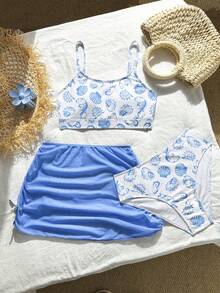 SHEIN 女童三件套泳衣：随机蓝色碎花印花吊带背心式上衣和泳裤，另加一条纯蓝色沙滩罩衫。可爱海滩度假风，适合夏季游泳和海滩活动。 - 藍色 - 查看 5
