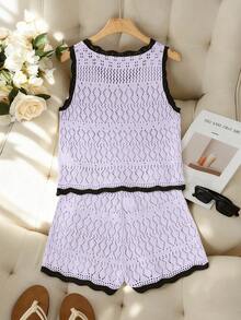 SHEIN Franclia 新款简约夏日度假风优雅镂空波浪领性感吊带修身连衣裙，撞色针织背心无袖毛衣两件套，春夏款 - 紫色 - 查看 2