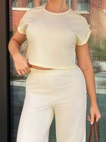 Bethéva 女式蝙蝠袖圆领上衣和裤子家居服套装 - 杏色 - 查看 3