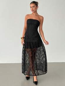 性感蕾丝拼接连衣裙，优雅女士婚礼宾客礼服，伴娘礼服 - 黑色 - 查看 3