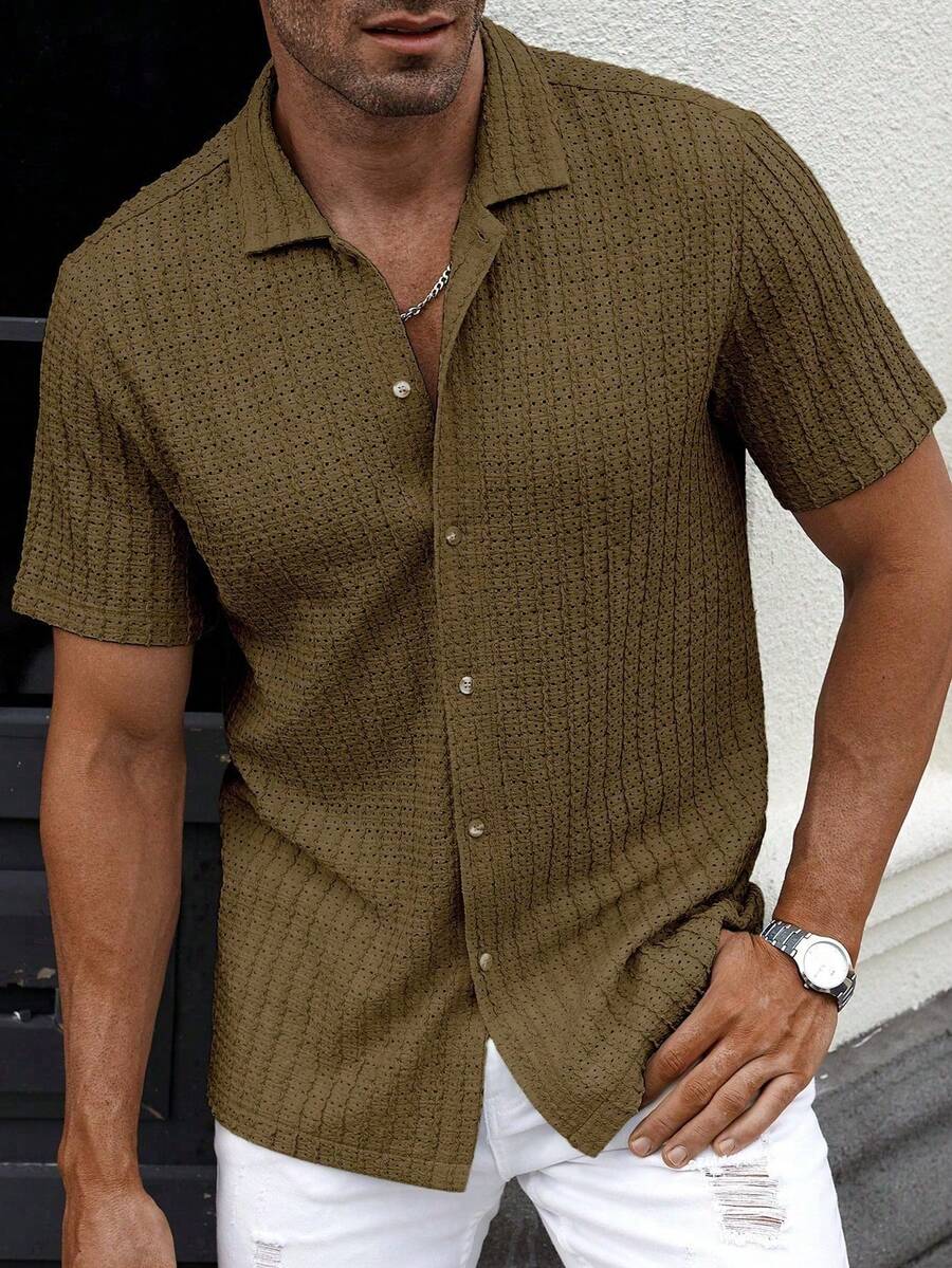 Manfinity Homme Men's Solid Color Casual Front Button Short Sleeve Shirt (Printed Irregular Pattern) - Brown - View 1