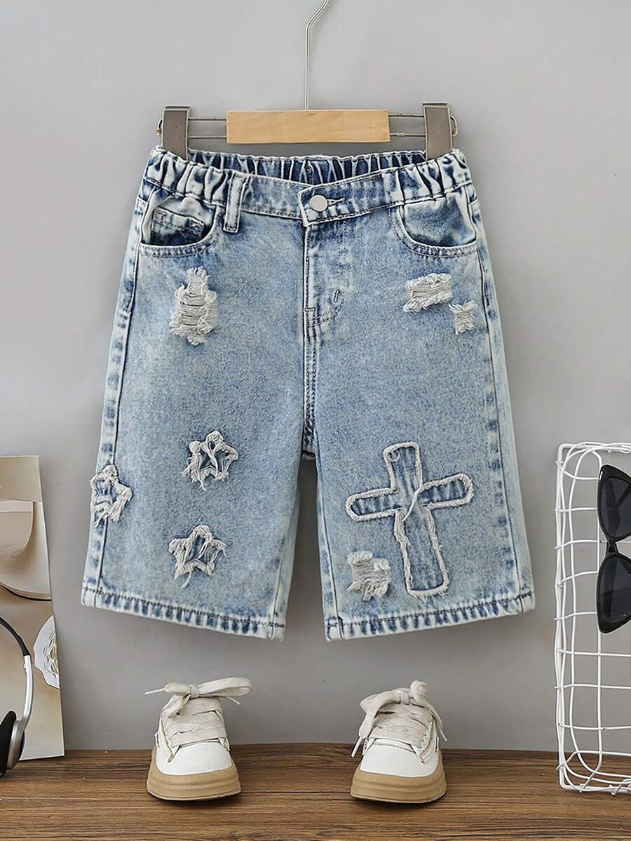 SHEIN Explorewe Young Boy Summer New Retro Vintage Blue Elastic Waist Casual Patchwork Washed Denim Straight Shorts, Suitable For Daily Outings, Outdoor Activities, Travel, Family Events, Parties, Etc. - Medium Wash - View 1