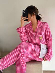 SHEIN 格子印花熊头刺绣口袋前扣长袖睡衣套装（女款） - 彩色 - 查看 4