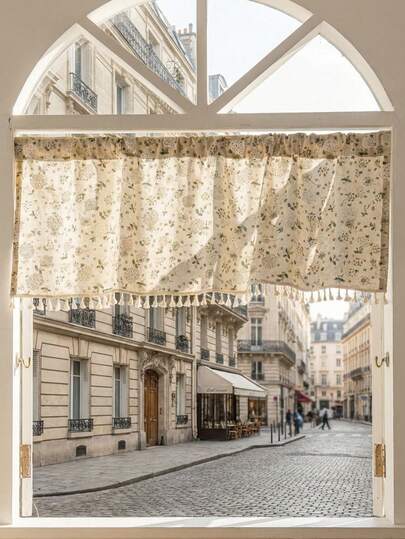 Cirelle 优雅印花短窗帘 - 流苏边窗帘幔或房间隔断，波西米亚风装饰，适用于卧室、厨房和阳台