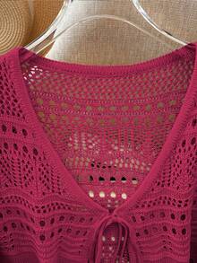 Franclia New Solid Color Hollow Crochet Lace Lightweight Cardigan, Versatile Outerwear For Women - Hot Pink - View 7
