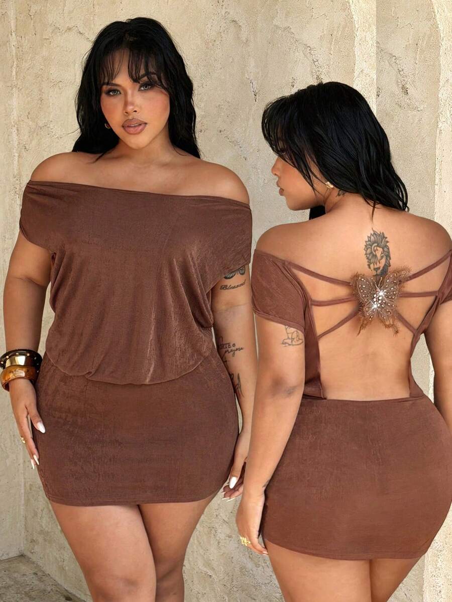 Rustia Vestido sexy con escote en la espalda, lazo y bordado de perlas, talla grande, vestido marrón para festival de música, vestido de verano elegante - Marrón - Ver 1