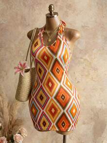 Zolique Women's U-Neck Fitted Sexy Backless Geometric Vintage Print Mini Dress, Suitable For Music Festivals, Parties, Beach Vacations - Multicolor - View 3