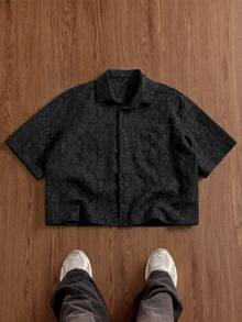 SWAVVY Men's Fashionable Jacquard Short Sleeve Shirt, Spring/Summer - Black - View 2