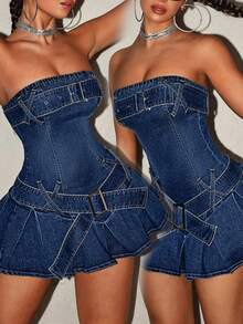 Jeanoix Đầm denim mini dáng ôm gợi cảm cỡ lớn, có thắt lưng, thích hợp cho mùa hè. - Màu xanh lam - Xem 7