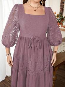 Lacomfia Plus Size Women's Square Neck Lantern Sleeve Tie-Waist Ruffle Hem Embroidery Patchwork Elegant Dress - Pink - View 6