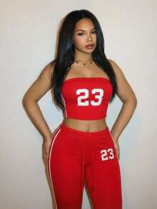 Slaydiva 2026春夏新款休闲街头风性感修身亮红色无肩带字母印花背心+高腰喇叭裤女装两件套。适合约会、情人节、日常出行、派对、辣妹装扮、夜店、休闲街头风、早午餐穿搭、机场穿搭、返校季、度假、节日、婚礼季、音乐节等场合。 - 紅色 - 查看 5