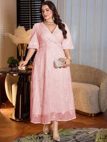 Modelyn Abito in chiffon con vita svasata e maniche corte, decorato con ricami floreali, stile francese elegante per occasioni speciali, disponibile in taglie comode - Rosa - Visualizzare 4