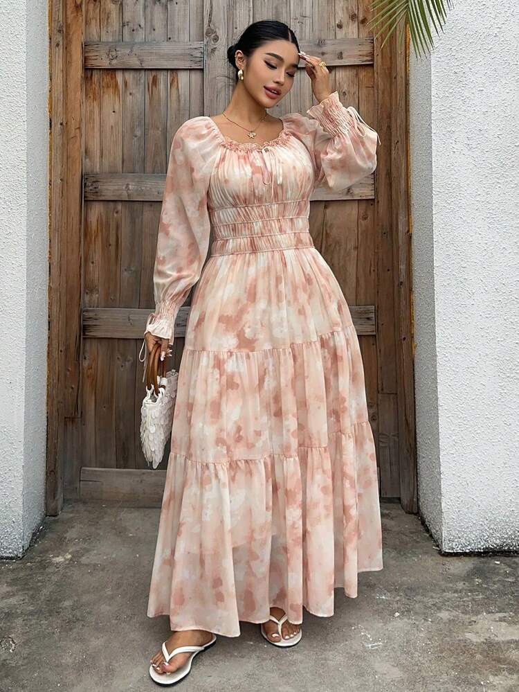 Dazy Plus Plus Size Women's Tie-Dye Pleated Front Tie Long Sleeve Elegant Dress Boho