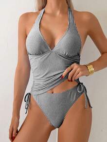 Swim Basics 2 chiếc áo bikini nữ kẻ sọc buộc eo, cổ yếm, xếp ly, thích hợp cho kỳ nghỉ hè ở bãi biển, đồ bơi cổ chữ V cho nữ, áo tankini đen cho nữ, trang phục đi nghỉ mát, trang phục thường ngày cho nữ, đồ bơi mùa hè kẻ sọc, đồ bơi đi biển cho nữ, đồ bơi mùa hè kẻ sọc, đồ bơi có gân, đồ bơi liền thân kẻ sọc, đồ bơi liền thân buộc cổ, đồ bơi liền thân cho nữ. - màu đen - Xem 3