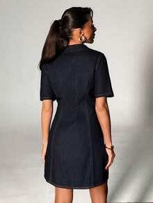 Summer Casual Front Zipper Denim Dress - Dark Wash - View 2