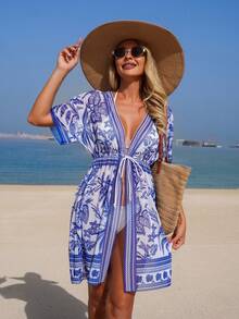 Swim Lushoire 春夏沙滩度假畅销款宽松印花短袖前系带和服罩衫 - 彩色 - 查看 1