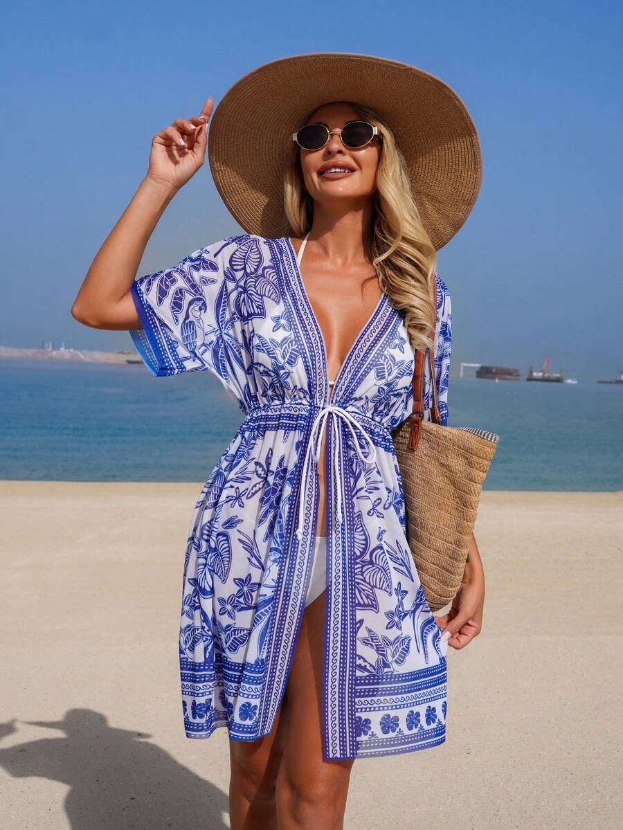 Swim Lushoire 春夏沙滩度假畅销款宽松印花短袖前系带和服罩衫 - 彩色 - 查看 1