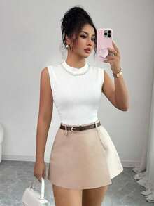 Elenzga Áo tank top nữ cổ tròn màu trơn đính ngọc trai giả, kiểu dáng thường ngày. - trắng - Xem 4