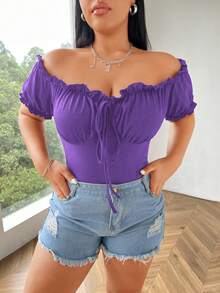 Flirla Áo thun nữ cỡ lớn màu trơn, kiểu trễ vai, xếp ly, xoắn nhẹ, phong cách thường ngày, đa năng. - Màu tím - Xem 7