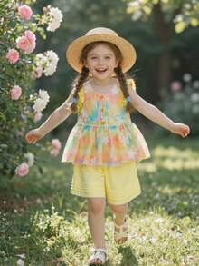 Bộ 3 món cho bé gái mùa hè, áo không tay và quần short xếp ly, vải chiffon thêu, trang phục nghỉ mát ngọt ngào kèm mũ. - Màu vàng - Xem 4