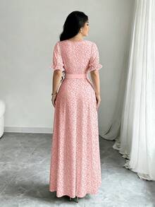 xheModelyn Vestido con estampado de rayas de flor de durazno, diseño de cuello redondo, manga corta abullonada y cinturón en la cintura para mujer, vestido midi elegante de veranoxhe - Multicolor 3 - Ver 3