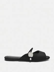 Bholvia Women's Elegant Silver Crystal Embellished Ankle Strap Open Toe Flat Mule Sandals, Black Lychee Fabric, Comfortable For Daily Wear And Party Spring Shoes Summer Shoes - Black - View 11