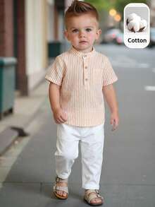 SHEIN 2 piezas Conjunto de camisa de polo a rayas y pantalones casuales de cintura elástica a rayas para niño pequeño, adecuado para usar en primavera y verano, en casa, salidas y vacaciones - Amarillo - Ver 8