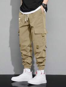 Manfinity Hypemode Loose Men's Expression Print Flap Pocket Drawstring Waist Cargo Pants - Khaki - View 5