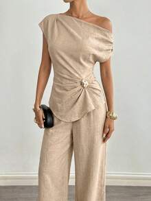 Siren Gaze Nuevo conjunto de top asimétrico de hombro y pantalones de decoración metálica - Albaricoque - Ver 7