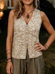 Women's All-Over Print Single-Breasted Casual Versatile Daily Wear Top - Khaki - View 3