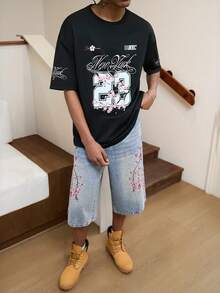 GALLERY FADE 男士休闲街头风刺绣蓝色牛仔短裤 - 淺色水洗藍 - 查看 3